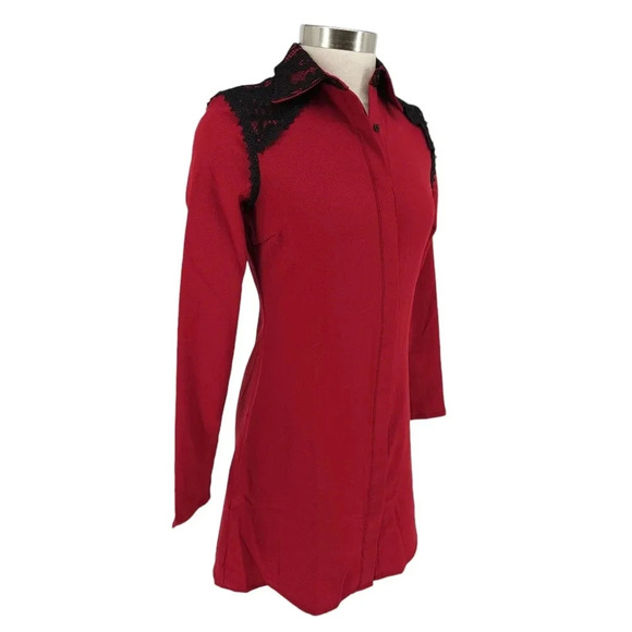 Boohoo Tess Lace Trim Shirt Dress Merlot Red Long Sleeve Button Collar Fit Flare - Picture 2 of 6